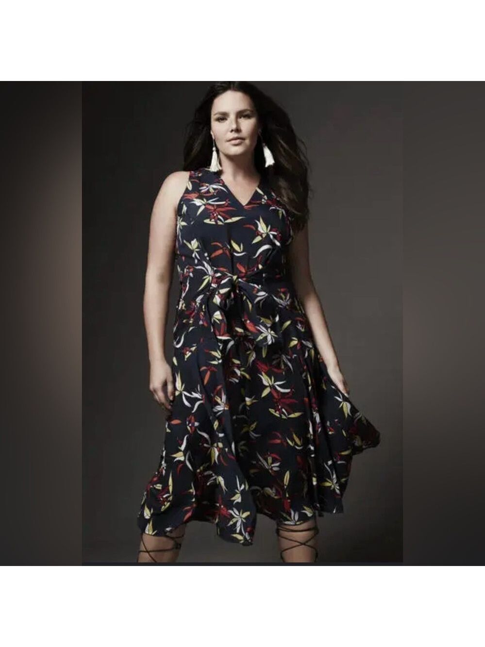RACHEL Rachel Roy Leaf Print Tie Front or Back Sleeveless Midi Dress
